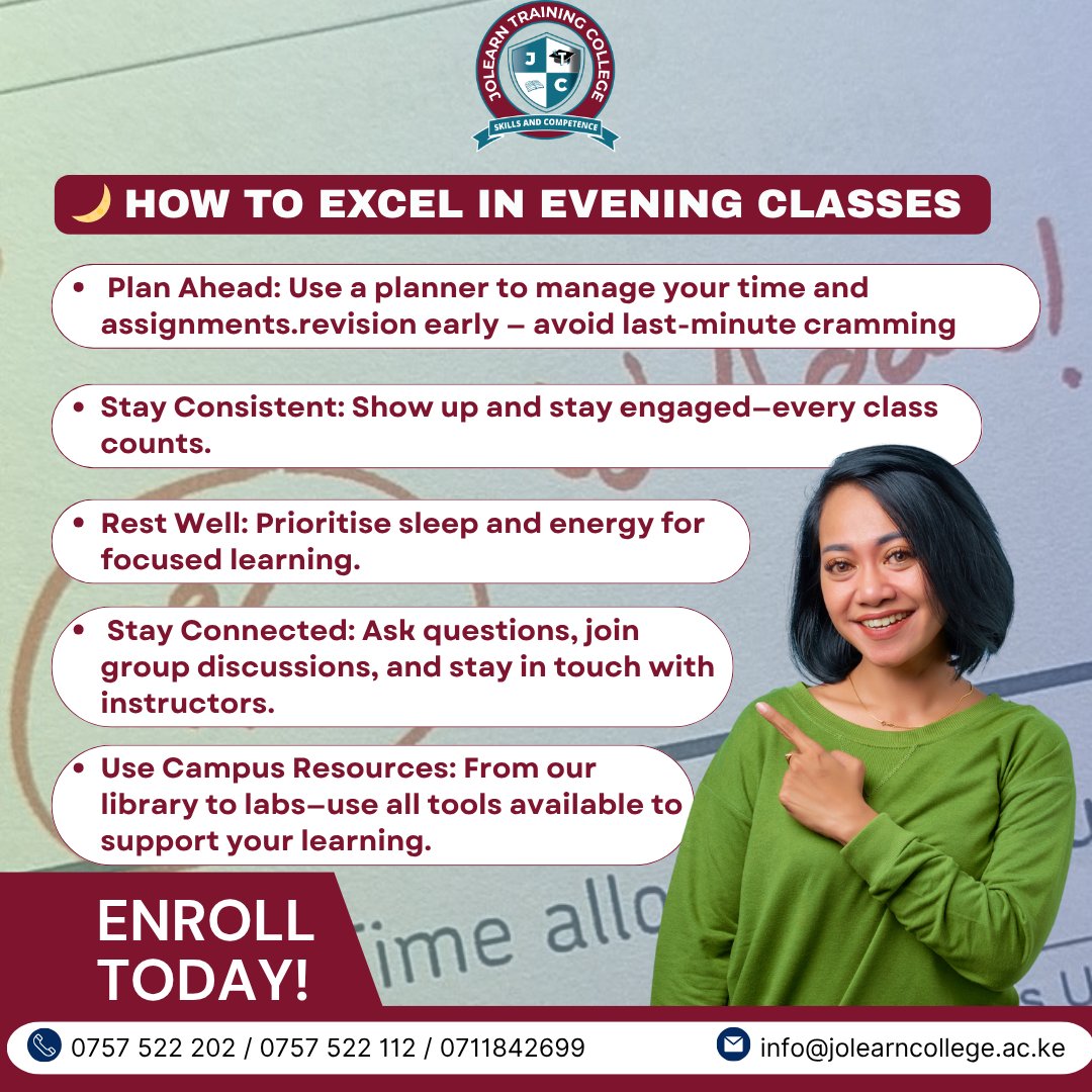 JolearnCollege's tweet image. 🌆 Evening Classes? You Got This!
Juggling work and studies isn’t easy — but with the right mindset and routine, you can succeed. Here’s how:

💡 At JoLearn Training College, our evening classes are built for busy lives — and bright futures.

📞 0757 522 202 | 0757 522 112
