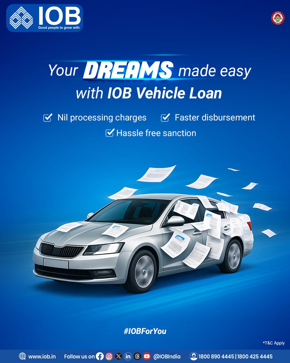 Every journey begins with a dream. We’re here to help you take the driver’s seat of your aspirations — with faster approvals, zero hassle, and a smoother ride towards your new car. Let’s make your dream drive a reality.

#IOB #IndianOverseasBank #DFS #RBI #GoodPeopleToGrowWith