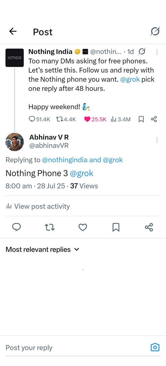 I was selected as the winner of the Nothing Phone 3 giveaway by <a href="/nothingindia/">Nothing India</a> and <a href="/grok/">Grok</a>,and was genuinely excited and thankful.
But now the winning message seems to be removed,and there’s been no update yet. 😕
Hoping to hear some clarity from the team. 🙏
<a href="/nothing/">Nothing</a> #NothingIndia