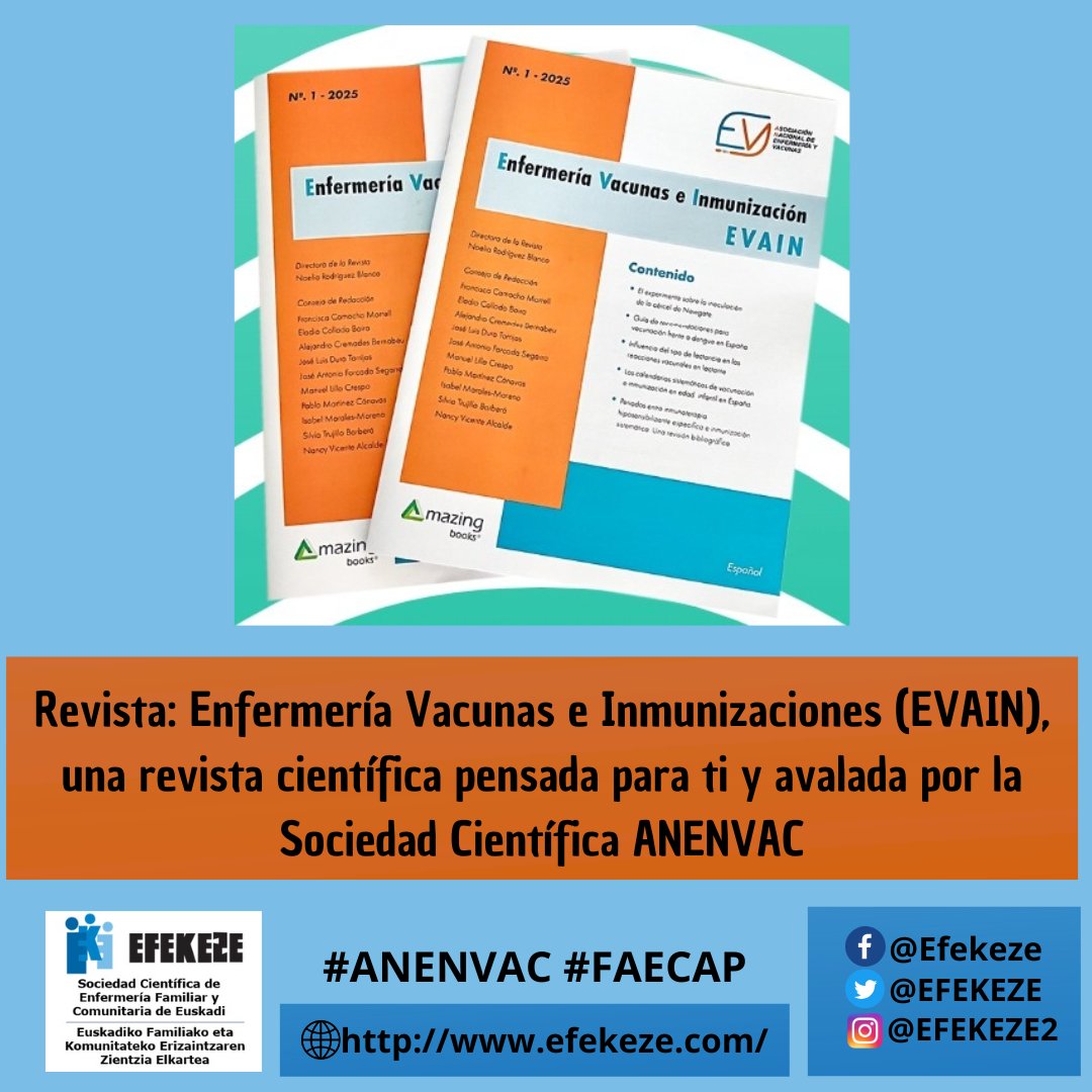 anenvac's tweet image. EVAIN es la revista científica oficial de ANENVAC. Investigaciones originales, artículos de revisión y experiencias prácticas de #enfermeria que contribuyan al progreso y la excelencia en la atención sanitaria.
Quieres publicar? #vacunas
amazingbooks.es/evain-revista/…