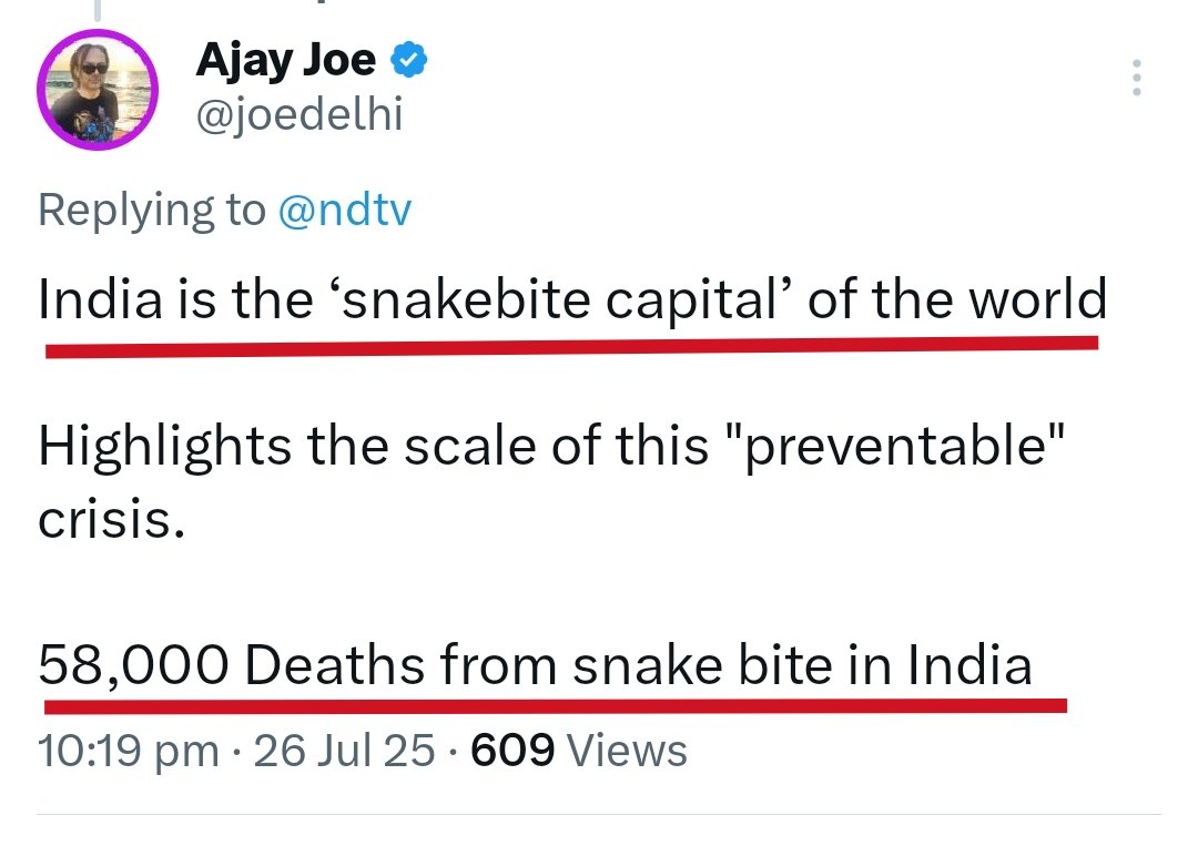 <a href="/ndtv/">NDTV</a> 58,000 deaths each year from Snake Bites in India.
&gt; Antivenom not available 
&gt; India is "Snake Capital of the World" 

But dogs are more dangerous !