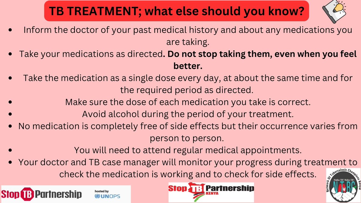 StopTBKe's tweet image. If you are about to start a course of treatment for Tuberculosis (TB), you will need to continue taking the medicine for the required period. Take the medications as prescribed without interruption. Your doctor or TB case manager will help monitor your therapy.
#tbawareness