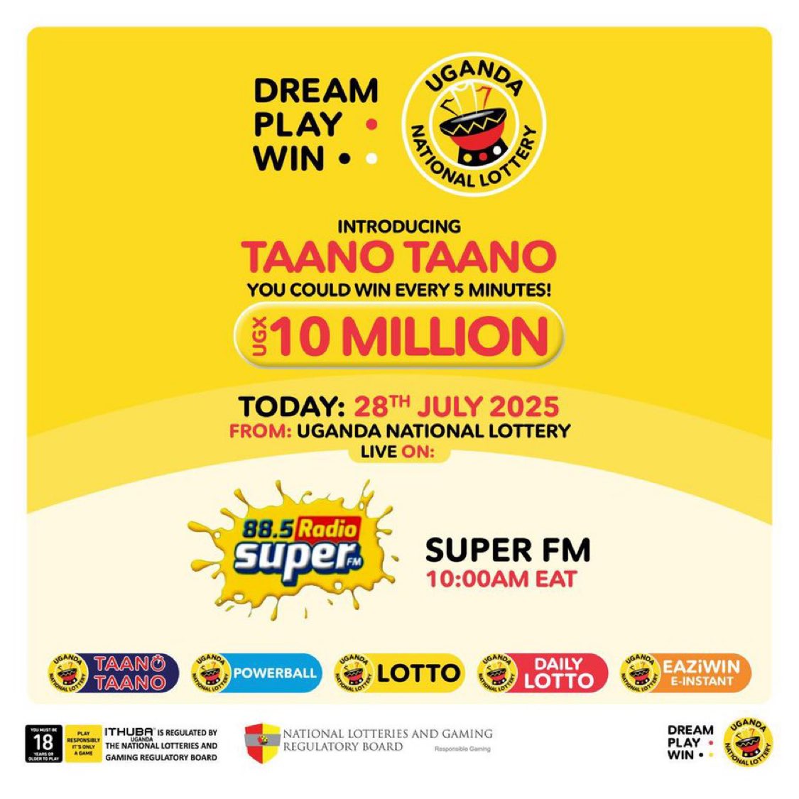 collincanpara1's tweet image. Stephen Muneza, PRO of #UgandaNationalLottery, is live on 88.5 Super FM breaking down how you can win up to UGX 10 MILLION with TAANOTAANO.
Tune in now for the details.
#DreamPlayWin