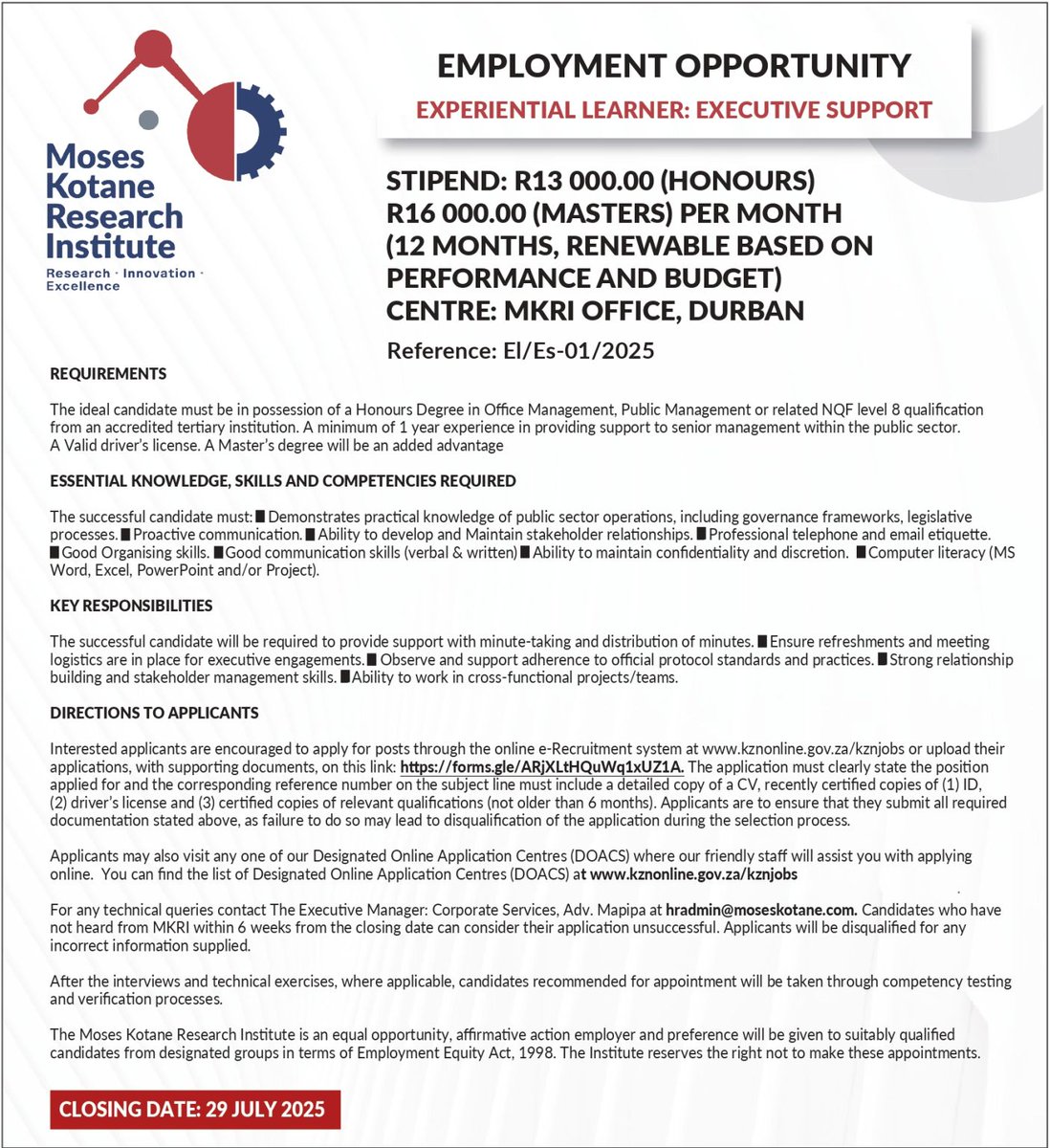 📢 JOB ALERT: MKRI is hiring an Experiential Learner: Executive Support! Honours/Masters in Business Management + 1yr exp. Stipend up to R16K. Apply by 29 July: lnkd.in/dF6fyD9E