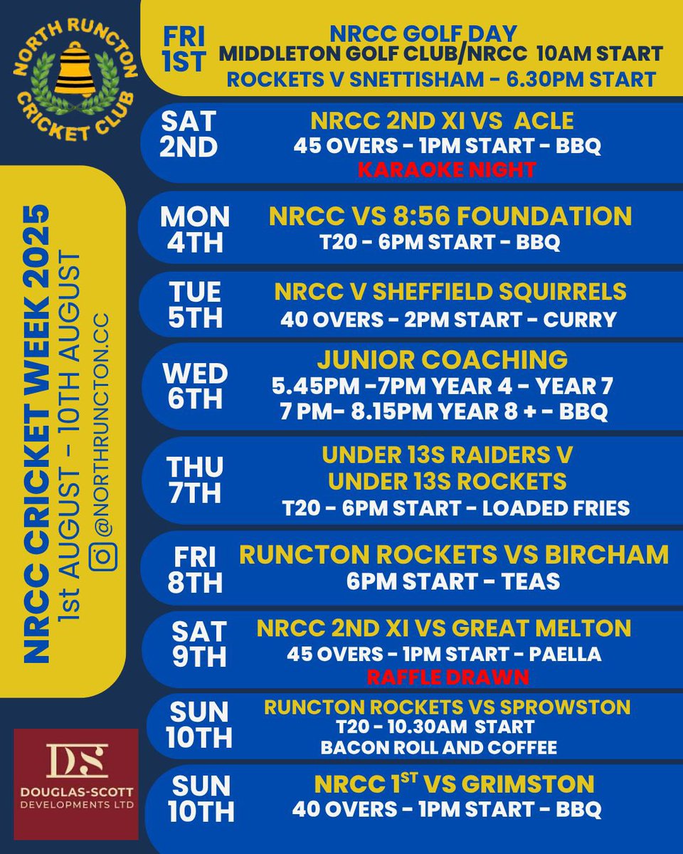NorthRunctonCC's tweet image. Kicking off this Friday!! 

⛳️ 🏏 🍔 🍺 🍷 🍛 🥘 🍟 🎤 🐿️ 

Sponsored by Douglas-Scott Developments Ltd
