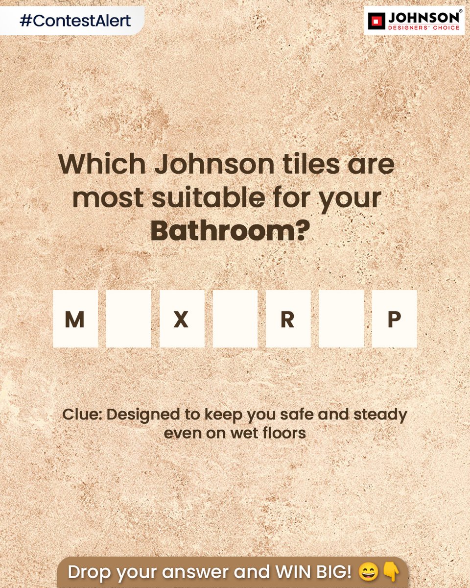 Think you know the answer? Join the fun and WIN BIG! 🎉

Drop your answers in the comments, and the winner gets a ₹500 Amazon Voucher.

Look at the comment below to participate!👇

#HRJohnsonIndia #CreatingDreamSpace #TilingSolutions #Tiles #InteriorDesigner #Architects