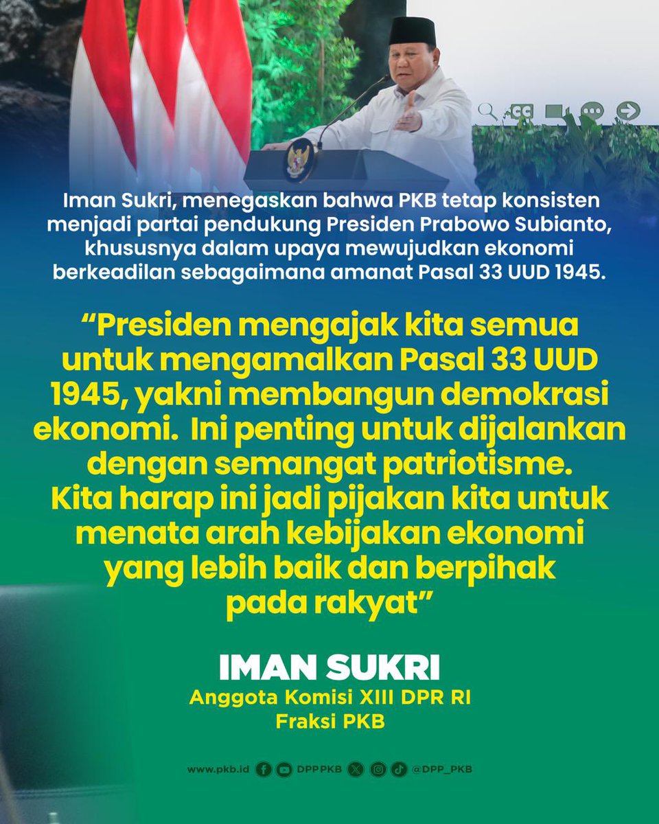 DPP_PKB's tweet image. PKB tetap konsisten bersama Presiden Prabowo. Fokus kami adalah ekonomi kerakyatan yang adil dan berpihak pada rakyat sesuai semangat Pasal 33 UUD 1945. @imansyukri
#PKBSolusiBangsa #EkonomiKerakyatan