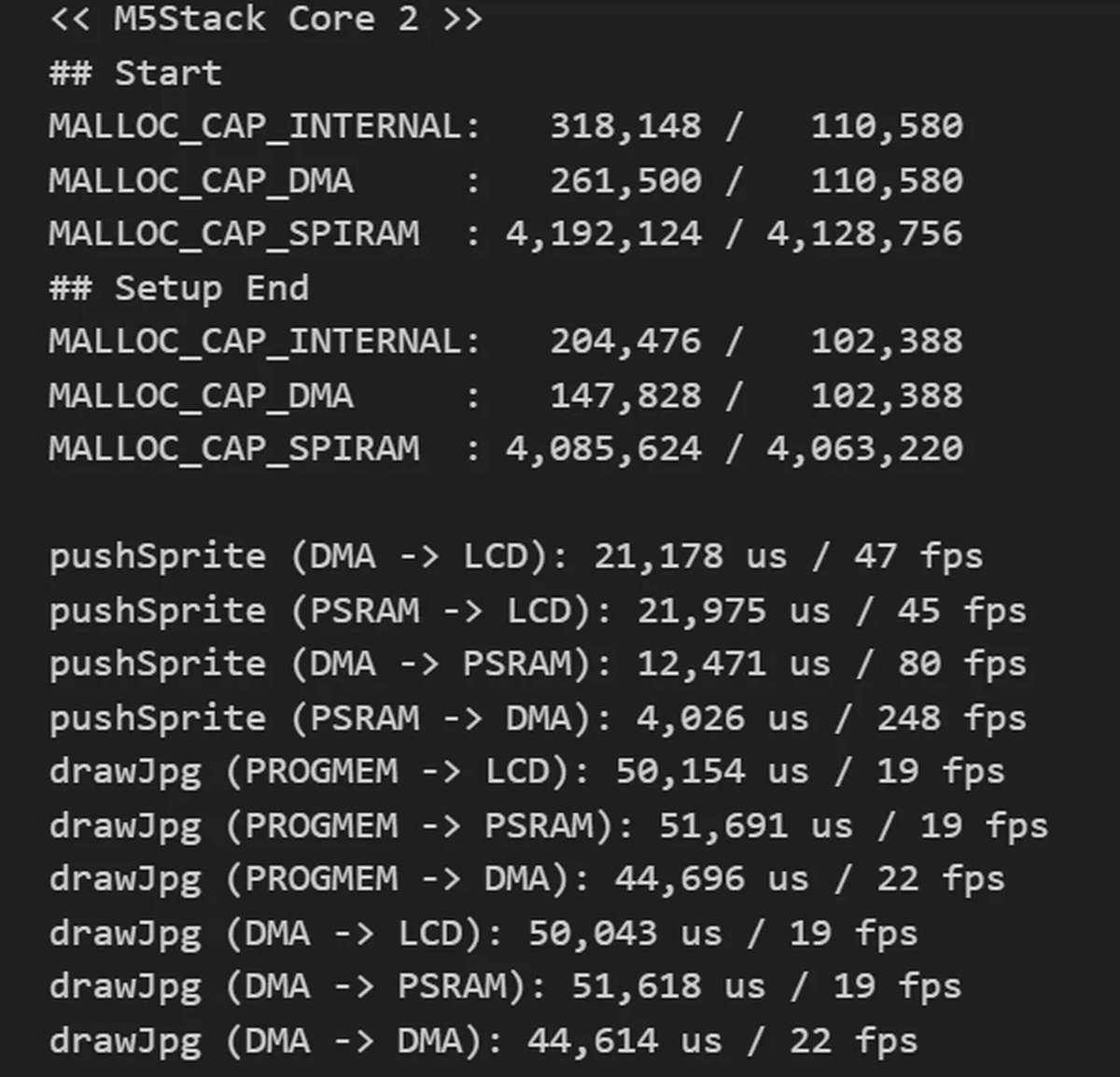 Kaz_Macintosh's tweet image. 今さら気づいたんだけど、CoreS3って連続して確保できるメインメモリが大きいんだ。Core2だと240x240(16bit)がギリギリ確保できないけど、CoreS3なら320x240(16bit)もいけそう。
