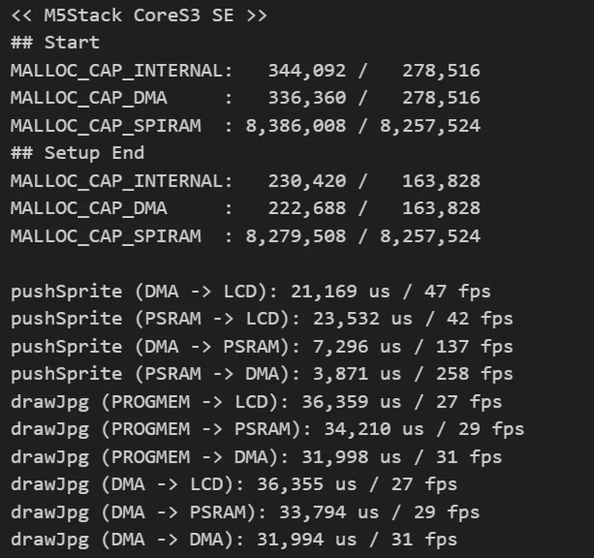 Kaz_Macintosh's tweet image. 今さら気づいたんだけど、CoreS3って連続して確保できるメインメモリが大きいんだ。Core2だと240x240(16bit)がギリギリ確保できないけど、CoreS3なら320x240(16bit)もいけそう。