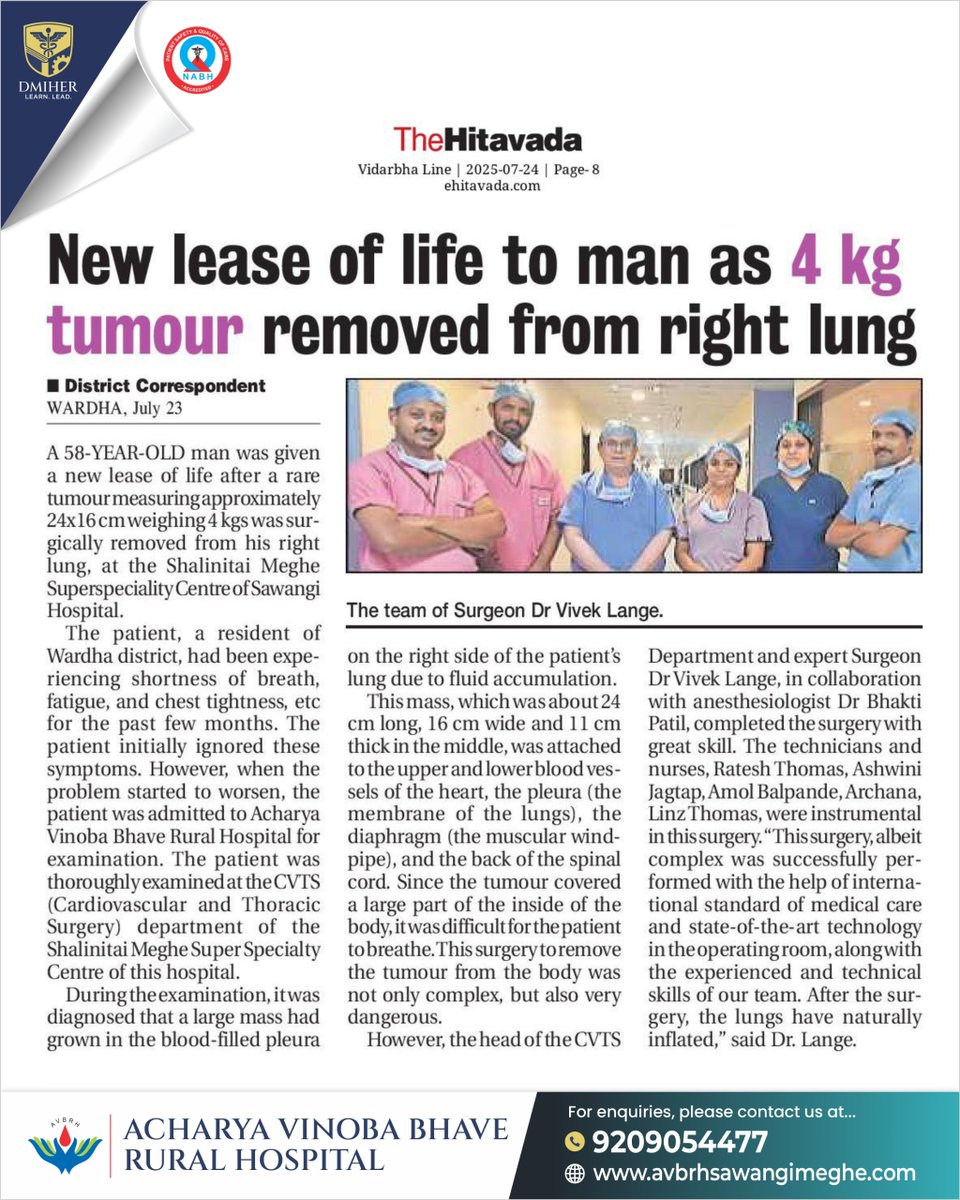 avbrhwardha's tweet image. 4 kg Lung Tumor Removed!
A life saving surgery at AVBRH gave a 58-year-old man a second chance at life.
Kudos to our expert team for making the impossible possible! 
#AVBRH #LifeSavingCare #LungTumor #MedicalExcellence #Wardha