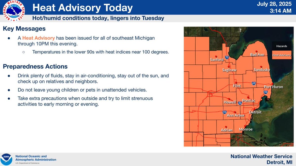 A heat advisory is in effect for all SE MI through 10PM this evening.  #miwx
