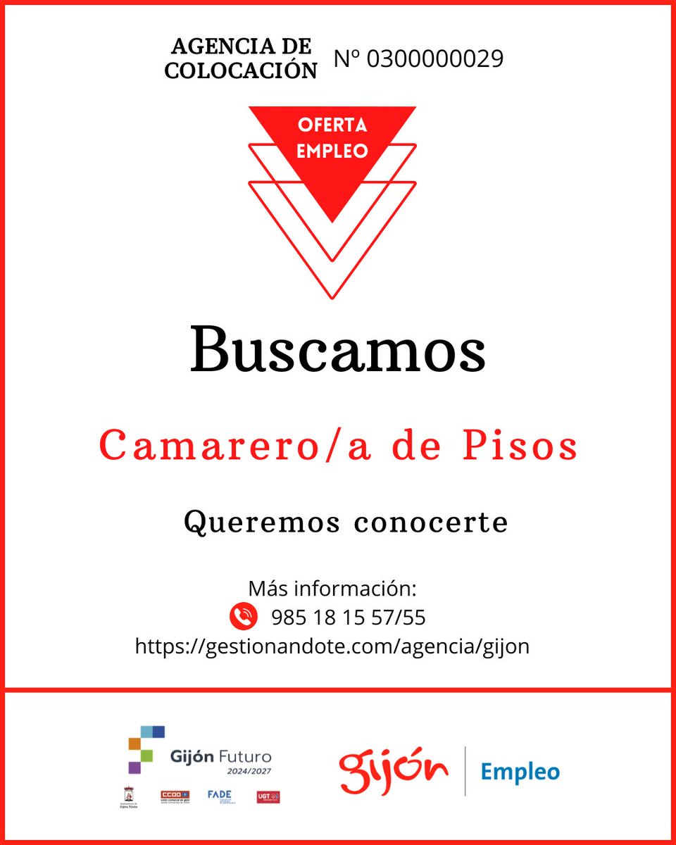 Agencia Local Empleo de Gijón/Xixón (@empleogijon) on Twitter photo ‼️Nueva oferta de empleo
🔴Camarero/a de Pisos
➡️tinyurl.com/y8tjs47m
Personas interesadas en la oferta:
📞 Llama al 985 18 15 57 – 985 18 15 55
💻 Date de alta en bit.ly/OfertasEmpleoG…
<a href="/gijon/">Gijón/Xixón</a> #gijon #xixon #empleo #trabajo #camareradepisos #camarerodepisos #GijonEmpleo ‼️Nueva oferta de empleo
🔴Camarero/a de Pisos
➡️tinyurl.com/y8tjs47m
Personas interesadas en la oferta:
📞 Llama al 985 18 15 57 – 985 18 15 55
💻 Date de alta en bit.ly/OfertasEmpleoG…
<a href="/gijon/">Gijón/Xixón</a> #gijon #xixon #empleo #trabajo #camareradepisos #camarerodepisos #GijonEmpleo