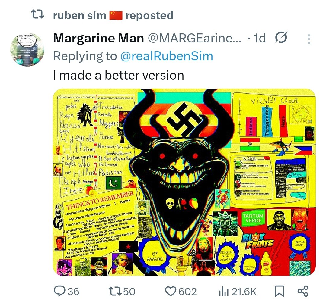 ItsKKing's tweet image. RubenSim, I hope that you lose everything and everyone.
You are nearly 30, all you do is prey on children, retweet nazi bullshit, and fantasize about children having been molested.
You need to be put to the wall, or up to the rafters.
TLDR: RubenSim is a pedophile Nazi.