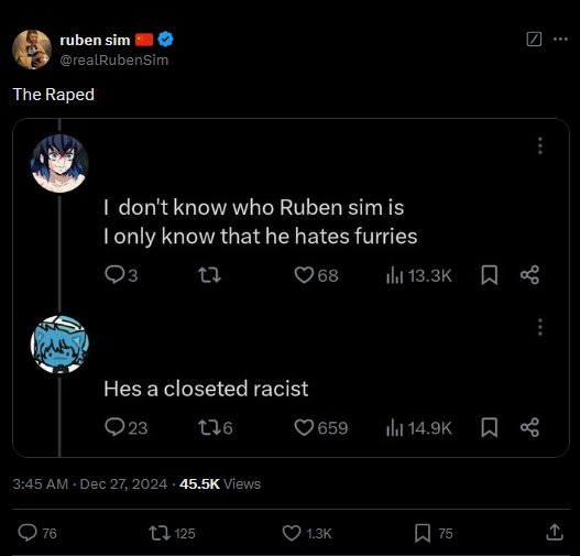 ItsKKing's tweet image. RubenSim, I hope that you lose everything and everyone.
You are nearly 30, all you do is prey on children, retweet nazi bullshit, and fantasize about children having been molested.
You need to be put to the wall, or up to the rafters.
TLDR: RubenSim is a pedophile Nazi.
