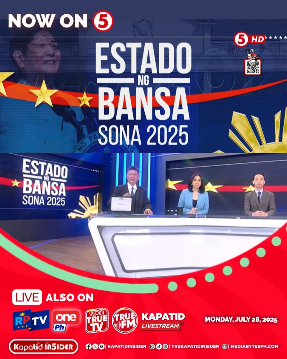 Kapatid Insider (@kapatidinsider) on Twitter photo Ihahatid nina Ed Lingao, <a href="/cherylcosim/">Cheryl Cosim</a> at <a href="/EdsonCGuido/">Edson C. Guido</a> ang mga updates, talakayan at analysis para sa ika-4 na SONA ni PBBM!
Tutok na sa <a href="/News5PH/">News5</a> Special Coverage ng Estado ng Bansa: SONA 2025, LIVE sa <a href="/TV5manila/">TV5</a>, RPTV, <a href="/TrueNetworkPH/">105.9 True FM</a>, #KapatidLivestream at News5's socmed pages. Ihahatid nina Ed Lingao, <a href="/cherylcosim/">Cheryl Cosim</a> at <a href="/EdsonCGuido/">Edson C. Guido</a> ang mga updates, talakayan at analysis para sa ika-4 na SONA ni PBBM!
Tutok na sa <a href="/News5PH/">News5</a> Special Coverage ng Estado ng Bansa: SONA 2025, LIVE sa <a href="/TV5manila/">TV5</a>, RPTV, <a href="/TrueNetworkPH/">105.9 True FM</a>, #KapatidLivestream at News5's socmed pages.
