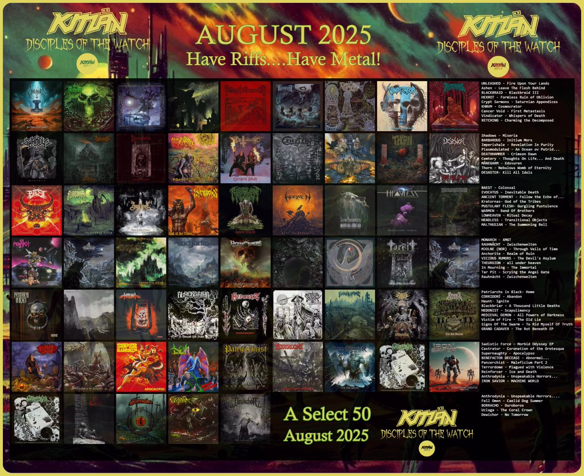 DISCIPLES OF THE WATCH:💠⏱️ 💠

Ozzy's shadow loomed large over the month of July. Reflection and reckoning. As the month turns, so must we...💠

Here's August's select 50. Add to your lists!✍️

Have Riffs, Have Metal: Get on The Watch! 💠

#DisciplesofTW #DOTW #August2025 #KMäN