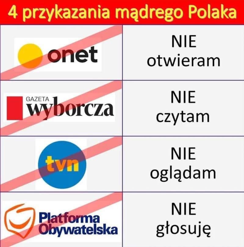 🇵🇱 Cztery proste zasady, które odróżniają świadomego Polaka od zmanipulowanego propagandą leminga.

🛑 NIE otwieram Onetu
🛑 NIE czytam Wyborczej
🛑 NIE oglądam TVN-u
🛑 NIE głosuję na Platformę

Czas odzyskać Polskę z rąk tych, którzy chcą nas uczynić kolonią Berlina i Brukseli