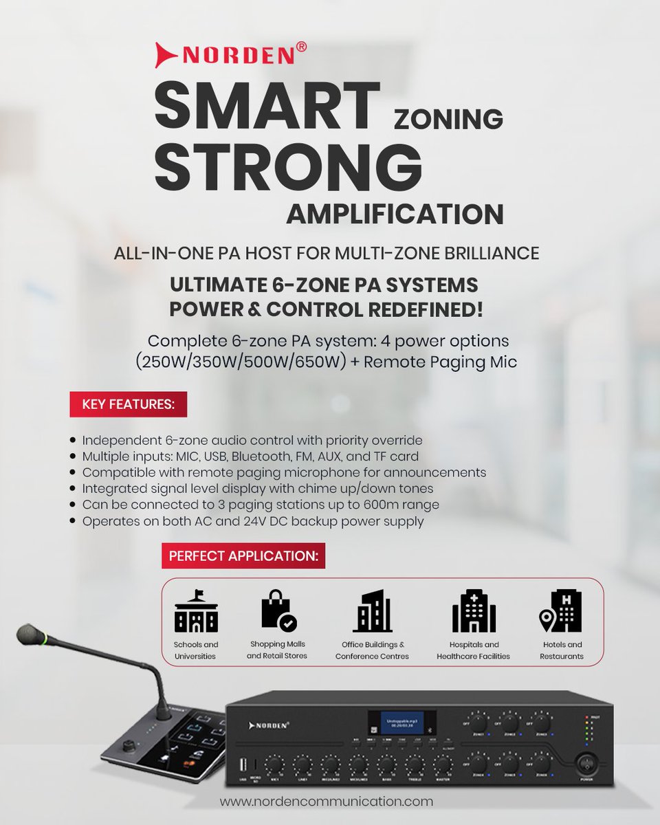NordenGlobal's tweet image. Command every space with Norden’s 6-zone #PublicAddressSystem! Choose from 250W–650W amps &amp;amp; control zones with a remote mic. Ideal for #SmartSchools, offices &amp;amp; more. Crystal-clear #AudioSolutions await 
upgrade now: nordencommunication.com/en/products/zo…
#SoundSystem #NordenCommunication