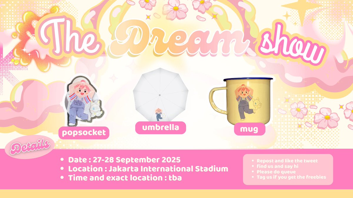 candy (@imyourrcandy) on Twitter photo Freebies TDS 4 in Jakarta by <a href="/imyourrcandy/">jeje ~ c๐ญ</a>
How to claim
- like & RT this post
- say โhiโ to me
- tag me if you get the freebies!
- for umbrella strictly for my moots
- donโt throw away the freebies please
- please give renjun a lot of love โค๏ธ
๐๏ธ 27-28 Sept 25
๐JIS Freebies TDS 4 in Jakarta by <a href="/imyourrcandy/">jeje ~ c๐ญ</a>
How to claim
- like & RT this post
- say โhiโ to me
- tag me if you get the freebies!
- for umbrella strictly for my moots
- donโt throw away the freebies please
- please give renjun a lot of love โค๏ธ
๐๏ธ 27-28 Sept 25
๐JIS