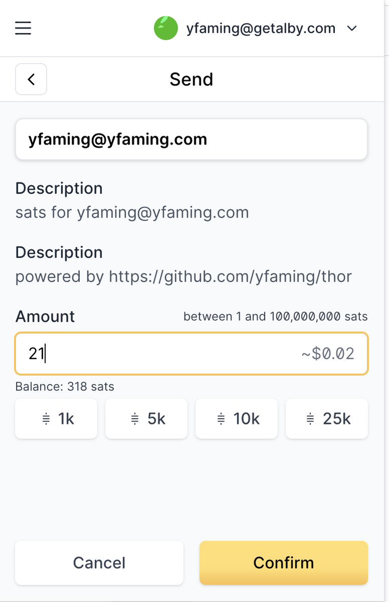 yfaming's tweet image. ⚡ Powered by #NWC @nwc_dev 

I built Thor – a Lightning Address server in Rust.
With Nostr Wallet Connect (NWC), you can easily host your own Lightning Address on your domain.
Repo: github.com/yfaming/thor
Mine: yfaming@yfaming.com 👇