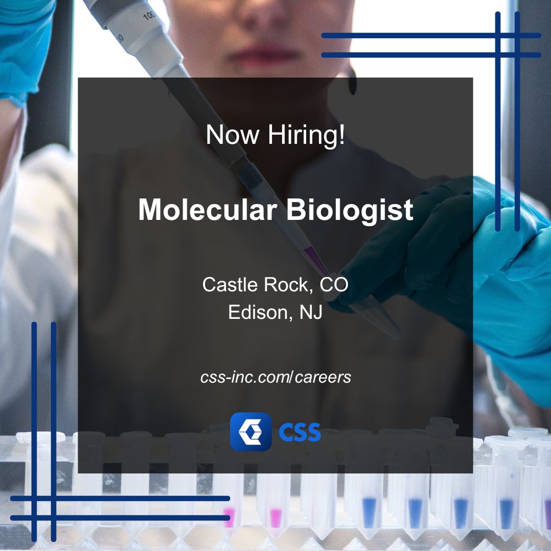 We’re Hiring! We’re seeking two Molecular Biologists to support our contract with EPA: one in Edison, NJ and one in Castle Rock, CO. View the full descriptions and apply here: cssinc.isolvedhire.com/jobs/ #NowHiring #ApplyHere #MolecularBiologist