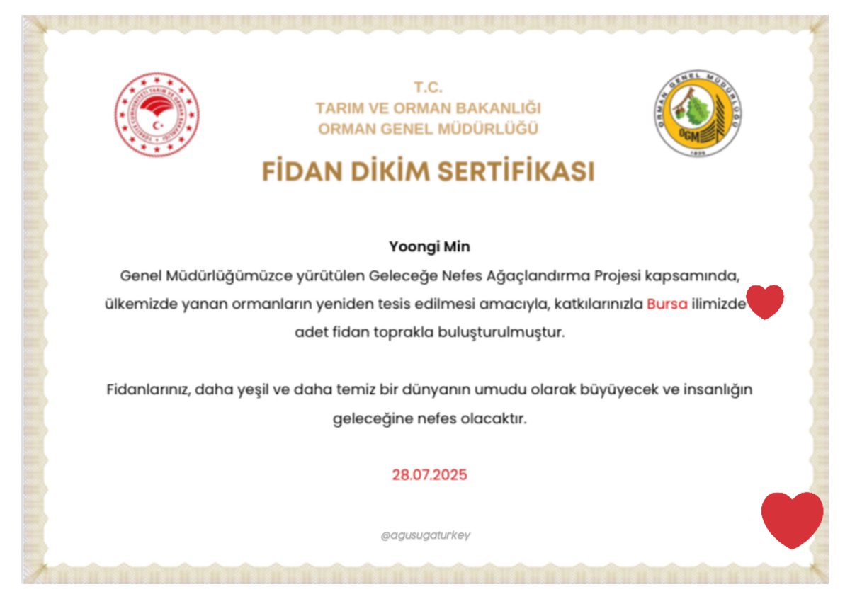 Yoongi’nin Türk fan sayfası olarak ülkemizde yanan ormanların yeniden tesis edilmesi amacıyla Bursa ilimize ‘Yoongi Min’ adına fidan bağışında bulunduk. 

Umarız ülkemizin bu zorlu günlerinde herkes az çok demeden bir fidan ile doğaya nefes olur 💚

🖇️ gelecegenefes.gov.tr