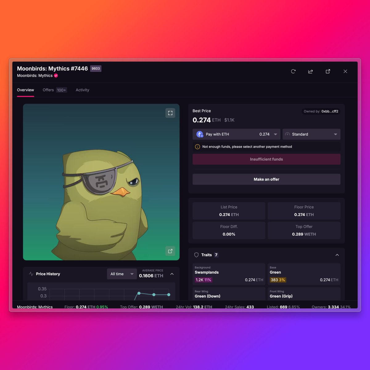 tanduyha's tweet image. woah CloneX and @MythicBirbs !floor is almost the same rn...

which one would you pick up if you had ~0.275 ETH?