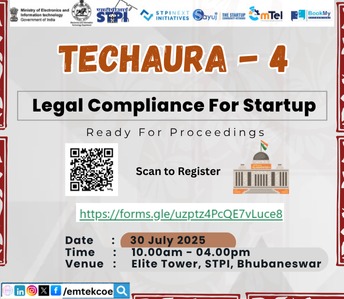 emtekcoe's tweet photo. Startups, are you legally prepared?
Join #TechAura- The Knowledge Series by EmTek CoE on 30.07.2025 to learn about legal compliance essentials for your startup!
@arvindtw @guptaa_sanjay @SuryaPattanayak @GoI_MeitY @stpiindia @stpinext @NALCO_India @EIT_Odisha @stpibbsr https://t.co/v5IlKwX5tF