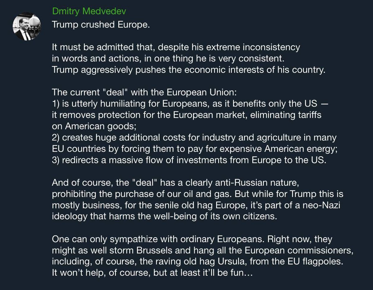 karma2moksha's tweet image. 'Trump crushed Europe' — Dmitry Medvedev comments on US-EU tariff deal, Russia mocking Europe over the deal now.
Calls the deal utterly 'humiliating for Europeans'