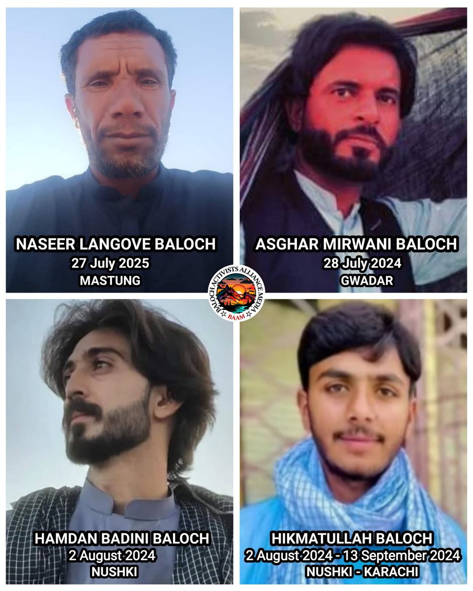 OfficialsBaam's tweet image. شہید نصیر لانگو بلوچ
شہادت تلار 27 جولائی 2024
شہید اصغر میروانی بلوچ
شہادت گوادر 28 جولائی 2024
شہید سنگت حمدان بادینی بلوچ
شہادت نوشکی 2 اگست 2024
شہید حکمت اللّٰہ بلوچ
زخمی : نوشکی 2 اگست 2024
شہادت : کراچی 13 ستمبر 2024
#شہدائے_بلوچ_راجی_مُچی
#BalochNationalGathering
