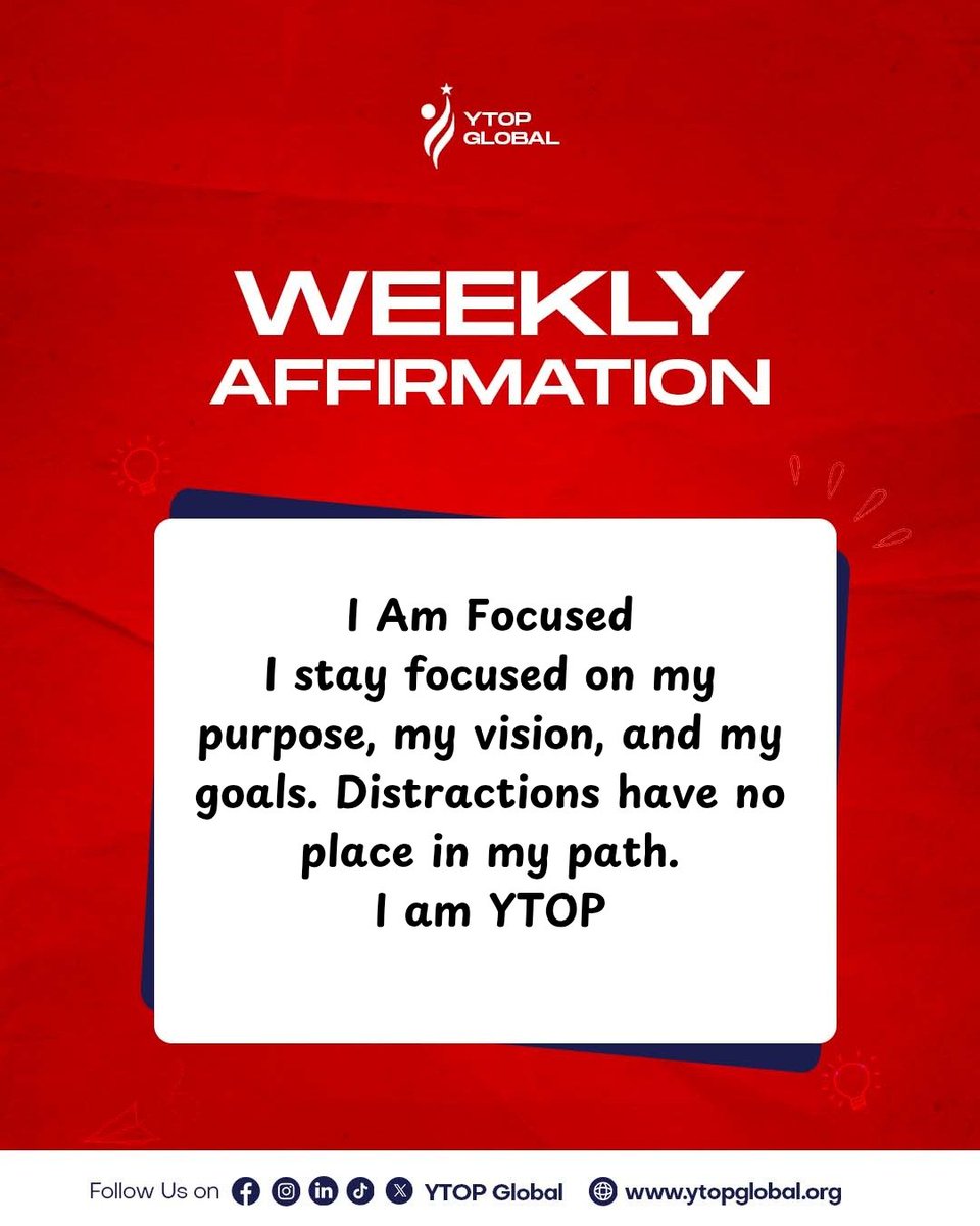 Step boldly into the week with this powerful affirmation.

I, (insert your name), I stay focused on my purpose, my vision, and my goals. Distractions have no place in my path.
I am YTOP

Type “I am focused” in the comments if you’re speaking this into your week! 

#YTOPGlobal