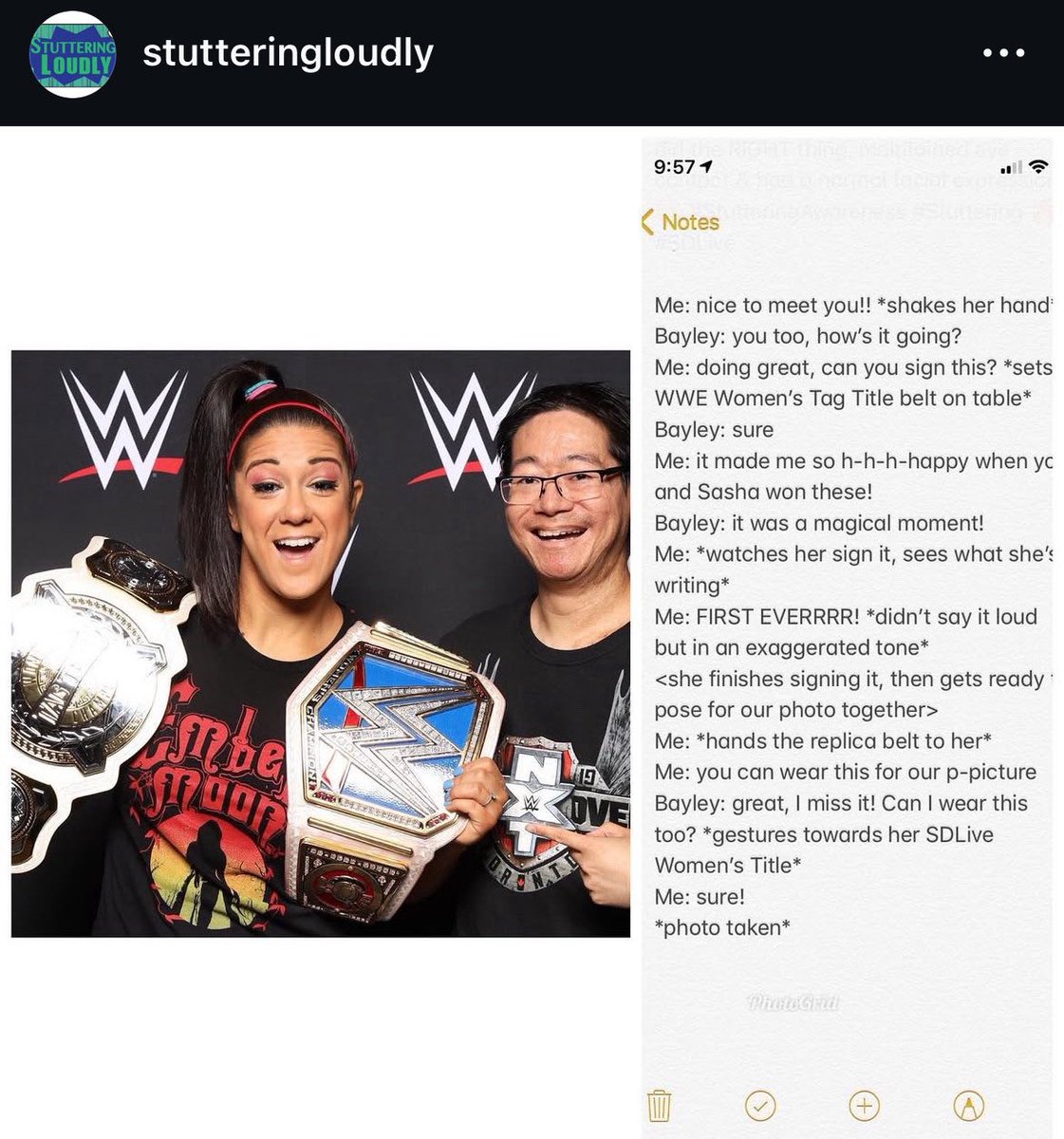 I have 2:

<a href="/IamKylieRae/">KYLIE RAE</a> was genuinely 1 of the ppl who got me thru a rough time in 2021 after my dad passed away (we’re mutuals on here &amp; IG)

I have a stutter. I met <a href="/itsBayleyWWE/">Bayley</a> in 2019

She was validating as she maintained eye contact while I stuttered🥺

(transcript below)