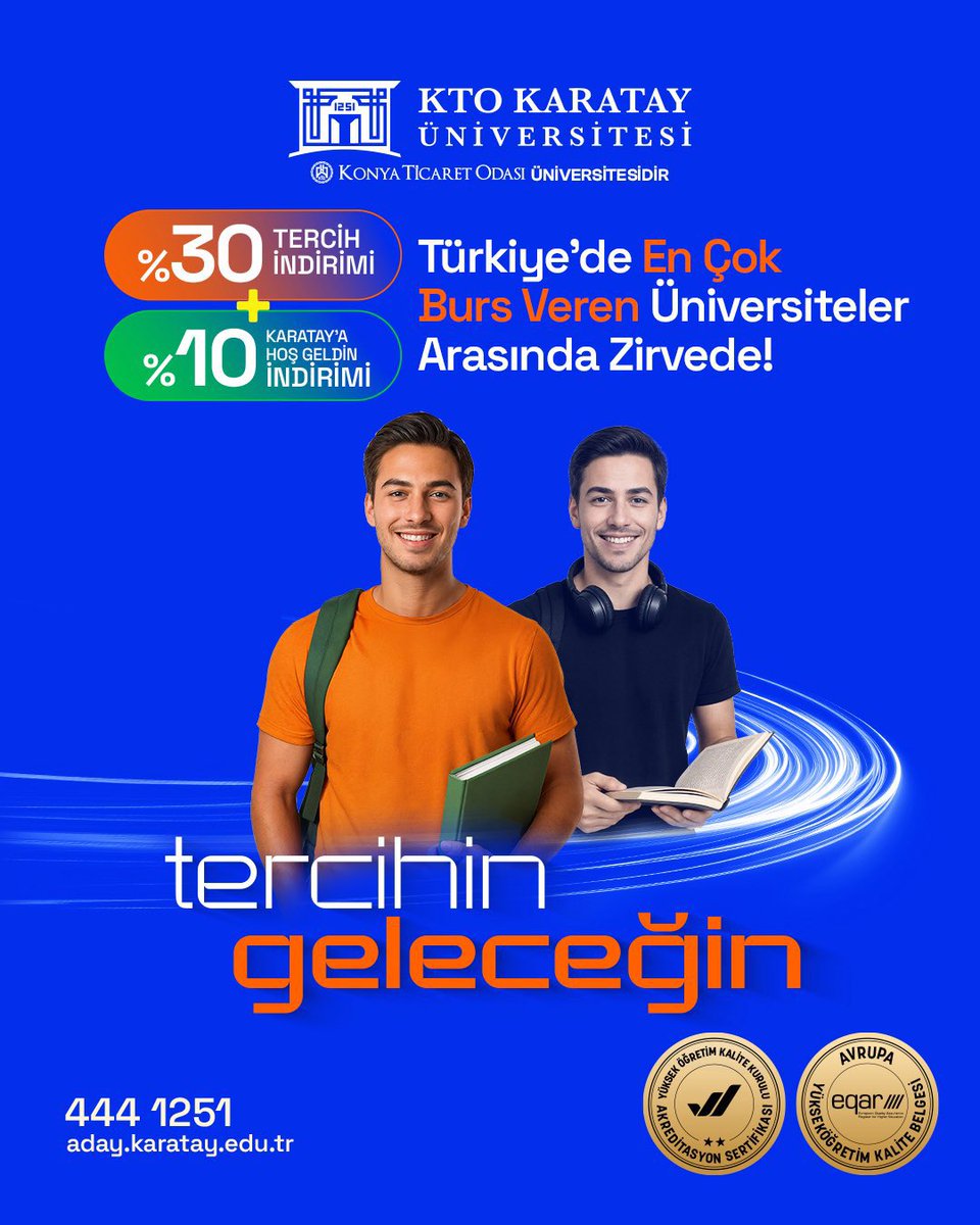 Konya Ticaret Odası (@konyato) on Twitter photo Türkiye’nin en çok burs veren üniversiteleri arasında zirvede yer alan <a href="/ktokaratay/">KTO Karatay Üniversitesi</a> 'da, öğrencilerinin %8️⃣9️⃣'u bir burs veya indirimden yararlanıyor.
• İlk tercihte %3️⃣0️⃣ Tercih İndirimi
• İlk yıla özel %1️⃣0️⃣ Karatay'a Hoş Geldin İndirimi
Burslar hakkında ayrıntılı bilgi ve Türkiye’nin en çok burs veren üniversiteleri arasında zirvede yer alan <a href="/ktokaratay/">KTO Karatay Üniversitesi</a> 'da, öğrencilerinin %8️⃣9️⃣'u bir burs veya indirimden yararlanıyor.
• İlk tercihte %3️⃣0️⃣ Tercih İndirimi
• İlk yıla özel %1️⃣0️⃣ Karatay'a Hoş Geldin İndirimi
Burslar hakkında ayrıntılı bilgi ve