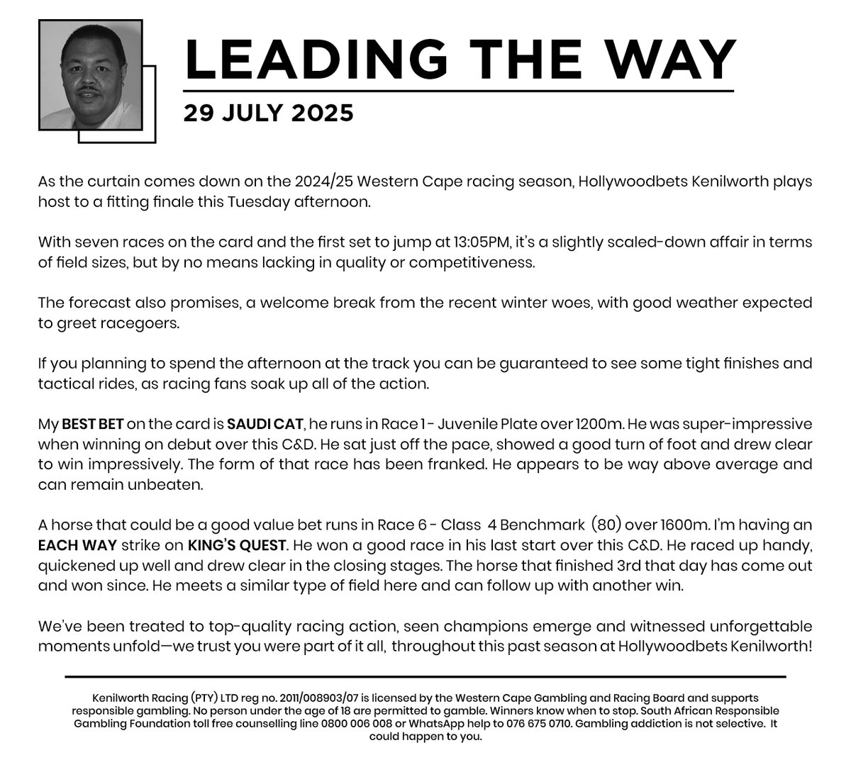 Leading The Way with Rouvaun Smit this Tuesday, 29 July 2025 at Hollywoodbets Kenilworth.

#Jointhepassion #leadingtheway