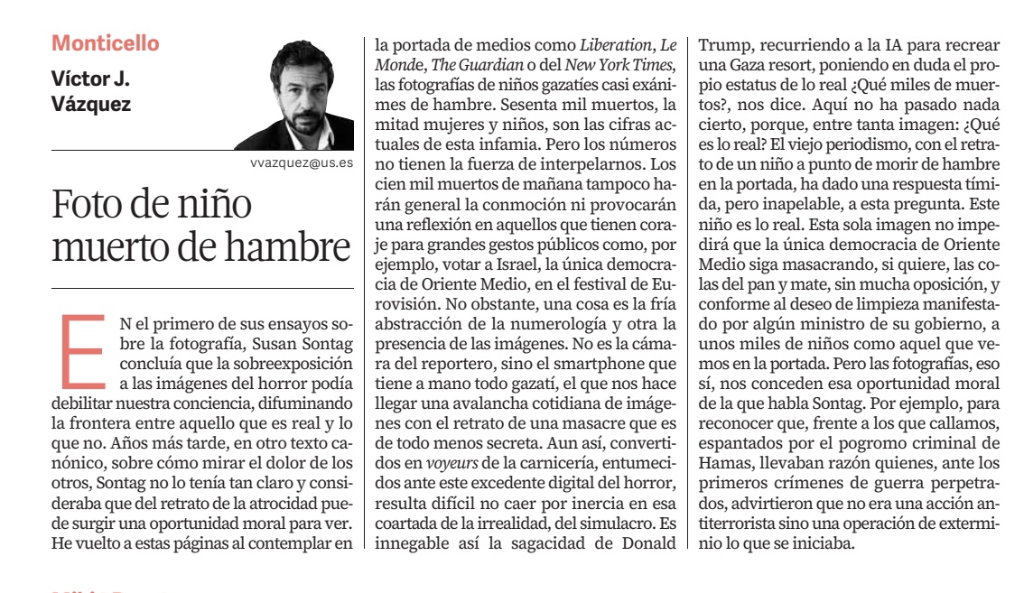 Foto de niño muerto de hambre.
Sobre Gaza y la oportunidad moral 
de una fotografía. 
Y sobre quiénes llevaban razón.
diariodesevilla.es/opinion/articu…