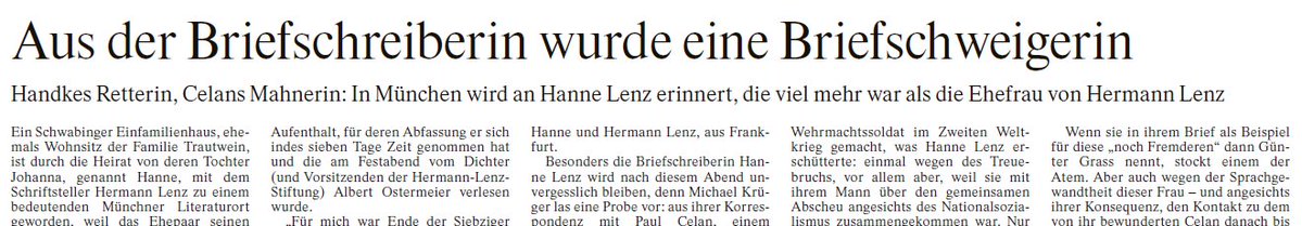textkritik's tweet image. Schließlich berichtet Andreas Platthaus über eine Münchner Gedenkveranstaltung zu Ehren von Hanne Lenz.