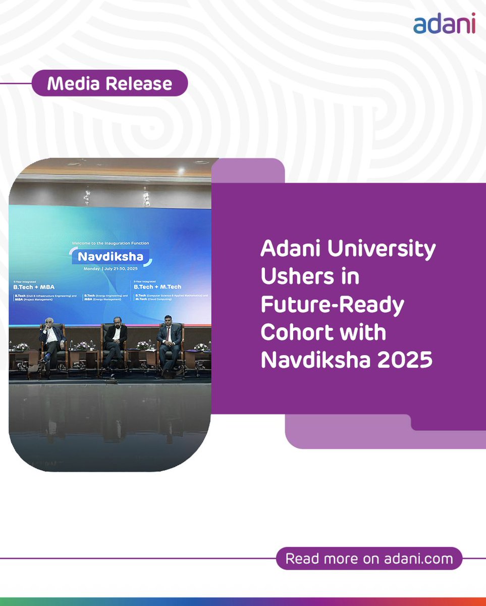 AdaniOnline's tweet image. Adani University inaugurated Navdiksha 2025, welcoming students into its flagship integrated B.Tech + MBA/M.Tech programmes. The event highlighted the university’s commitment to future-ready education shaped by AI, sustainability, and nation-building. Aligned…