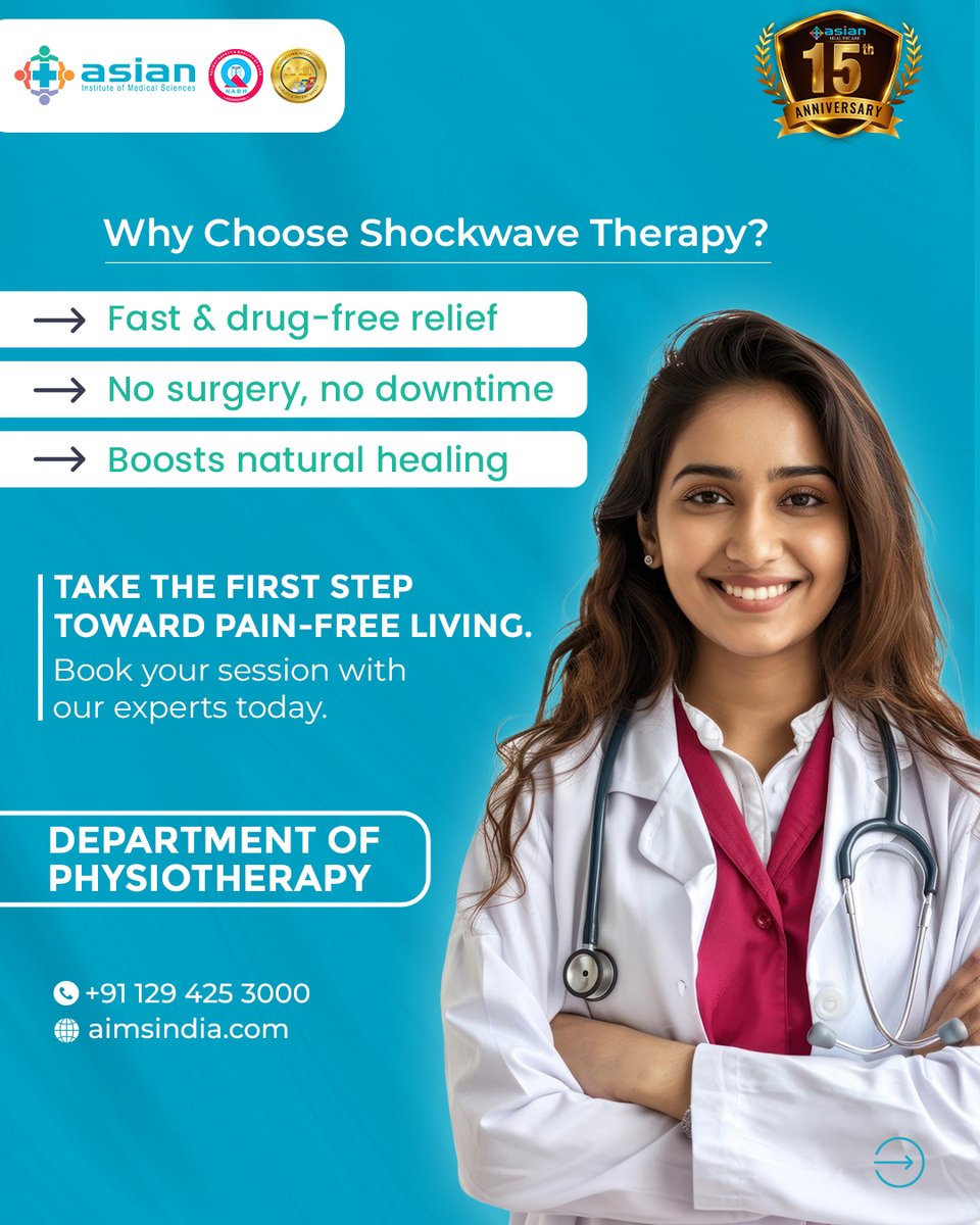 Tired of living with chronic pain?
Discover a non-invasive, drug-free solution with Shockwave Therapy at Asian Institute of Medical Sciences.

#ShockwaveTherapy #PainRelief #Physiotherapy #AsianHospital #NoMorePain #HealthyMovement #ChronicPainCare #FaridabadDoctors