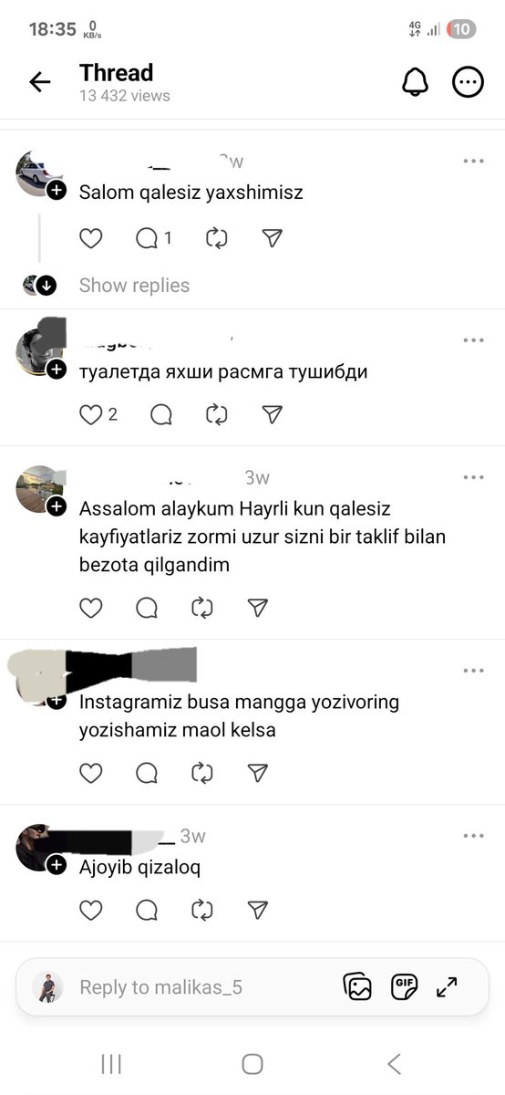 Nimaga shunaqa ahmoqona kamentariya qoldirib ketishadi tushunmayman((
Threadsdagi 1 ta qizga yozilgan kamentlar.