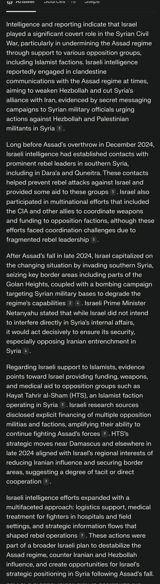 Escaping1984's tweet image. In case you DON&apos;T KNOW that Israel literally...

DESTROYED SYRIA!

AND installed the Islamists.

Israel lies ALWAYS!!

perplexity.ai/search/intelli…

Intelligence and reporting indicate that Israel played a significant covert role in the Syrian Civil War, particularly in undermining…