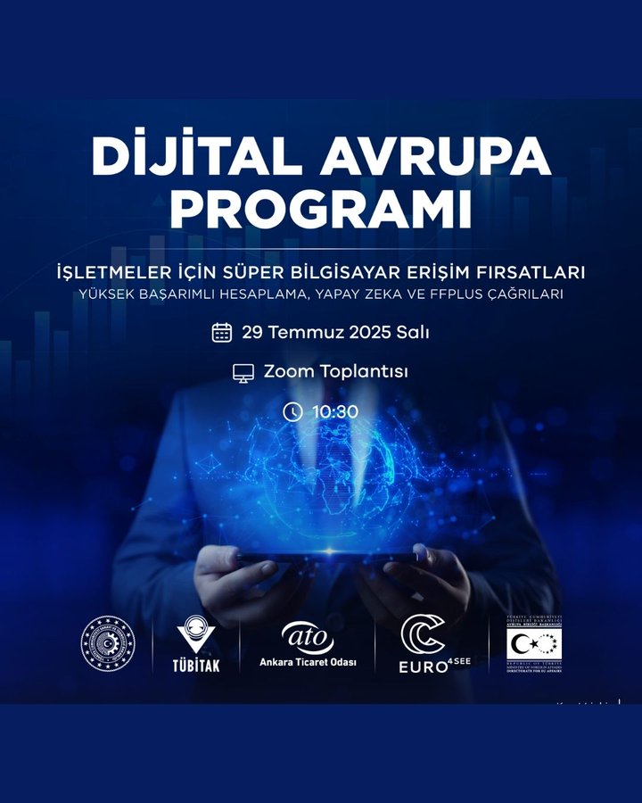 Bülent Özcan (@zcan_bulent) on Twitter photo 📍 <a href="/ATOkurumsal/">Ankara Ticaret Odası</a> ev sahipliğinde, <a href="/TCSanayi/">Sanayi ve Teknoloji Bakanlığı</a>, <a href="/TubitakUlakbim/">TÜBİTAK ULAKBİM</a> ve Başkanlığımız iş birliğinde Dijital Avrupa Programı kapsamında;
🔹 Yüksek Başarımlı Hesaplama (HPC)
🔹 Yapay Zekâ
🔹 ve FFPlus Çağrılarına odaklanan çevrim içi bir bilgilendirme etkinliği düzenliyoruz.
🗓️ 29 Temmuz 📍 <a href="/ATOkurumsal/">Ankara Ticaret Odası</a> ev sahipliğinde, <a href="/TCSanayi/">Sanayi ve Teknoloji Bakanlığı</a>, <a href="/TubitakUlakbim/">TÜBİTAK ULAKBİM</a> ve Başkanlığımız iş birliğinde Dijital Avrupa Programı kapsamında;
🔹 Yüksek Başarımlı Hesaplama (HPC)
🔹 Yapay Zekâ
🔹 ve FFPlus Çağrılarına odaklanan çevrim içi bir bilgilendirme etkinliği düzenliyoruz.
🗓️ 29 Temmuz