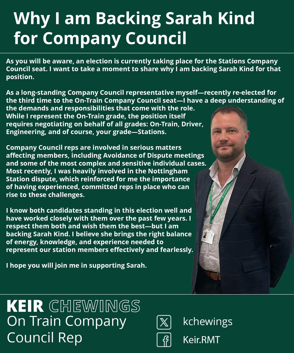 kchewings's tweet image. Backing 💪 Sarah Kind for Stations Company Council! I’ve seen first-hand the energy, knowledge & fight she brings. She’ll represent station grades with strength & skill. 🗳️ Vote Sarah! ✊ #RMT #Solidarity #StationsMatter 🚉👊