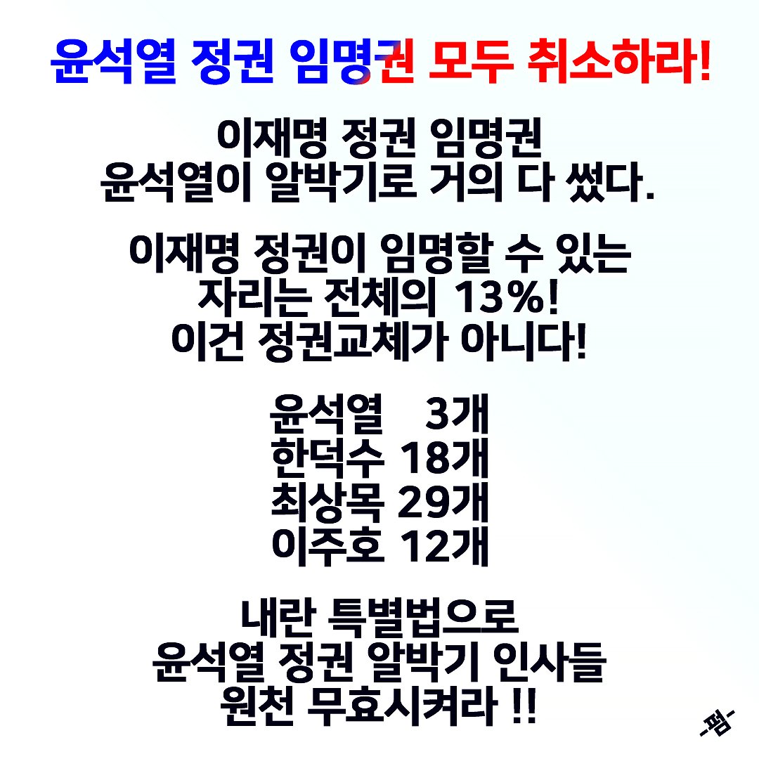 HongTaewan1's tweet image. [펌] 윤석열 정권 임명권 모두 취소하라!
.
이재명 정권 임명권 윤석열이 알박기로 거의 다 썼다.
.
이재명 정권이 임명할 수 있는 자리는 전체의 13% 이건 정권교체가 아니다!
.
윤석열 3개
한덕수 18개
최상목 29개
이주호 12개
.
내란 특별법으로 윤석열 정권 알박기 인사들 원천 무효시켜라 !!
.
.…