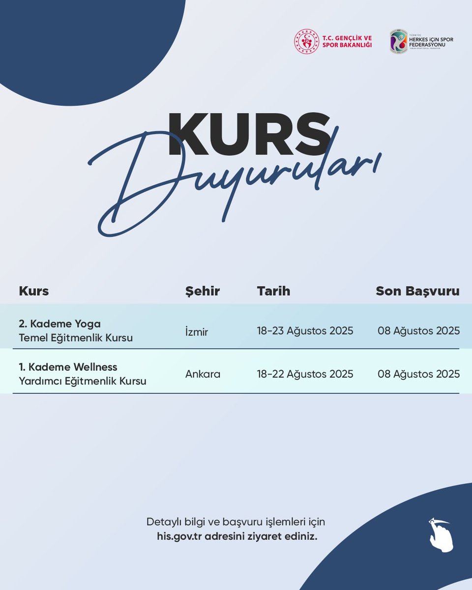 📢 Türkiye Herkes İçin Spor Federasyonu Başkanlığı tarafından düzenlenen yeni eğitmenlik kursları için başvurular başladı!

🔗 Başvuru süreci:
📌 Kurs ilan metnini bilgisayar üzerinden mutlaka okuyun: his.gov.tr
📌 Başvurularınızı e-Devlet Kapısı üzerinden yapın: