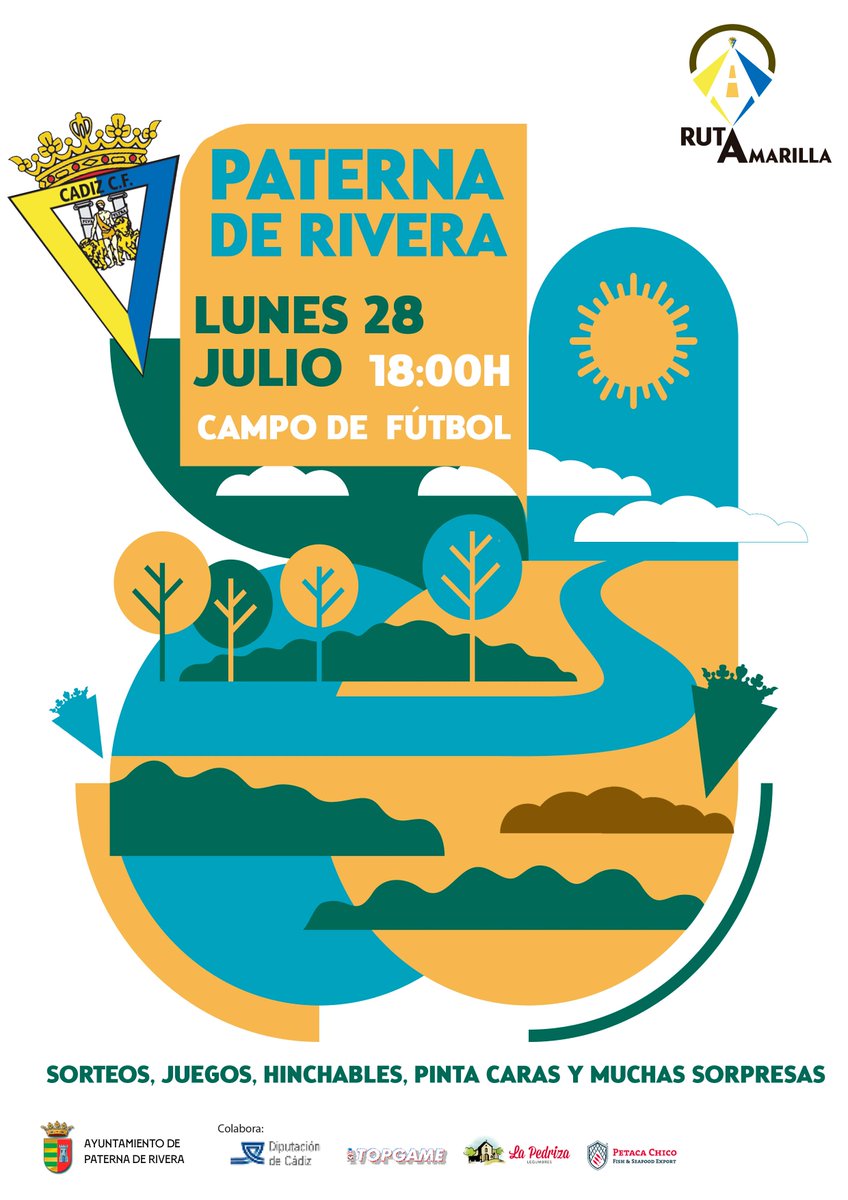 🛣️Ruta Amarilla por la provincia 💛💙💛💙💛hoy lunes 28/07/2025 18:00h Paterna de Rivera  Campo de Fútbol Municipal  Juegos y cadismo juntos ⚽️🥅⛳️🛝#unidosparaseguircreciendo