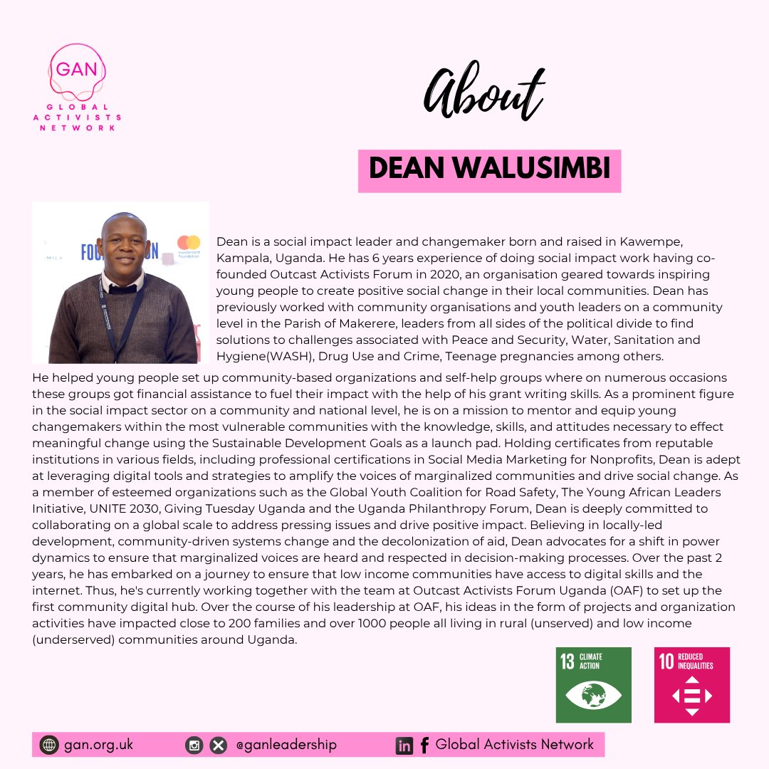 GanLeadership's tweet image. CHANGEMAKER SPOTLIGHT: @DeanWalusimbi✨

Dean is a social impact leader from Kampala, #Uganda, whose work is transforming vulnerable communities from the ground up.

As the Co-Founder of Outcast Activists Forum Uganda (@OAF_Ug), he works tirelessly with vulnerable youth 

thread!