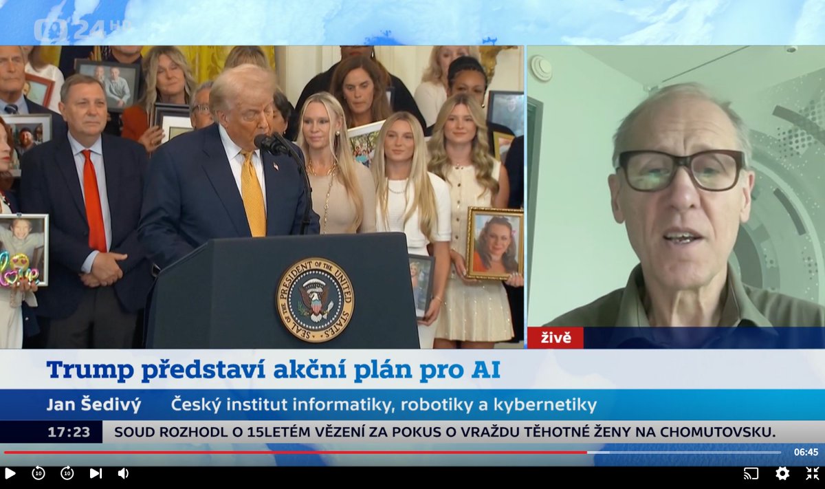 CIIRCCTU's tweet image. Plány Donalda Trumpa na rozvoj #AI v #USA – Jan Šedivý, odborník na AI z #CIIRC, je komentoval v @CzechTV.
Jaké důsledky můžeme očekávat?
Jak si stojí USA ve vývoji AI v porovnání s Evropou a Čínou?
📺 Podívejte se na záznam v 16. minutě 👉 ceskatelevize.cz/porady/1010149…