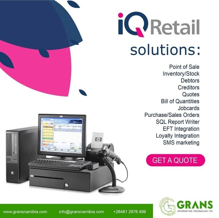 iQRetail, your smarter way to sell. POS, stock control, SMS marketing &amp; more. Bonus? Technical support whenever you need it. 

📞 Contact Grans IT (Pty) Ltd Namibia today!  +264 817714611

GransIT #iQRetail #SmartRetail #NamibiaBusiness #RetailTech