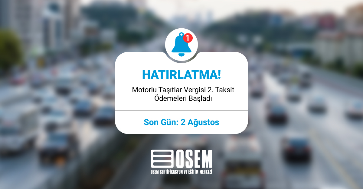 Aracınız için Motorlu Taşıtlar Vergisi’nin 2. taksit ödeme zamanı geldi!

Ödemelerinizi 2 Ağustos 2025 tarihine kadar yapmayı unutmayın.
Gecikme faiziyle karşılaşmamak için şimdi e-Devlet, GİB internet sitesi veya mobil bankacılık uygulamaları üzerinden ödeme yapabilirsiniz.