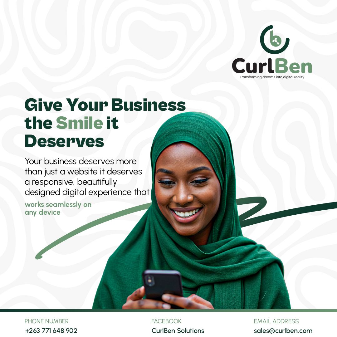 Elevate your business with CurlBen Solutions! We design responsive, stunning websites for seamless user experiences. Contact us: +263 771 648 902, Facebook: CurlBen Solutions, or email sales@curlben.com. Let’s grow together!